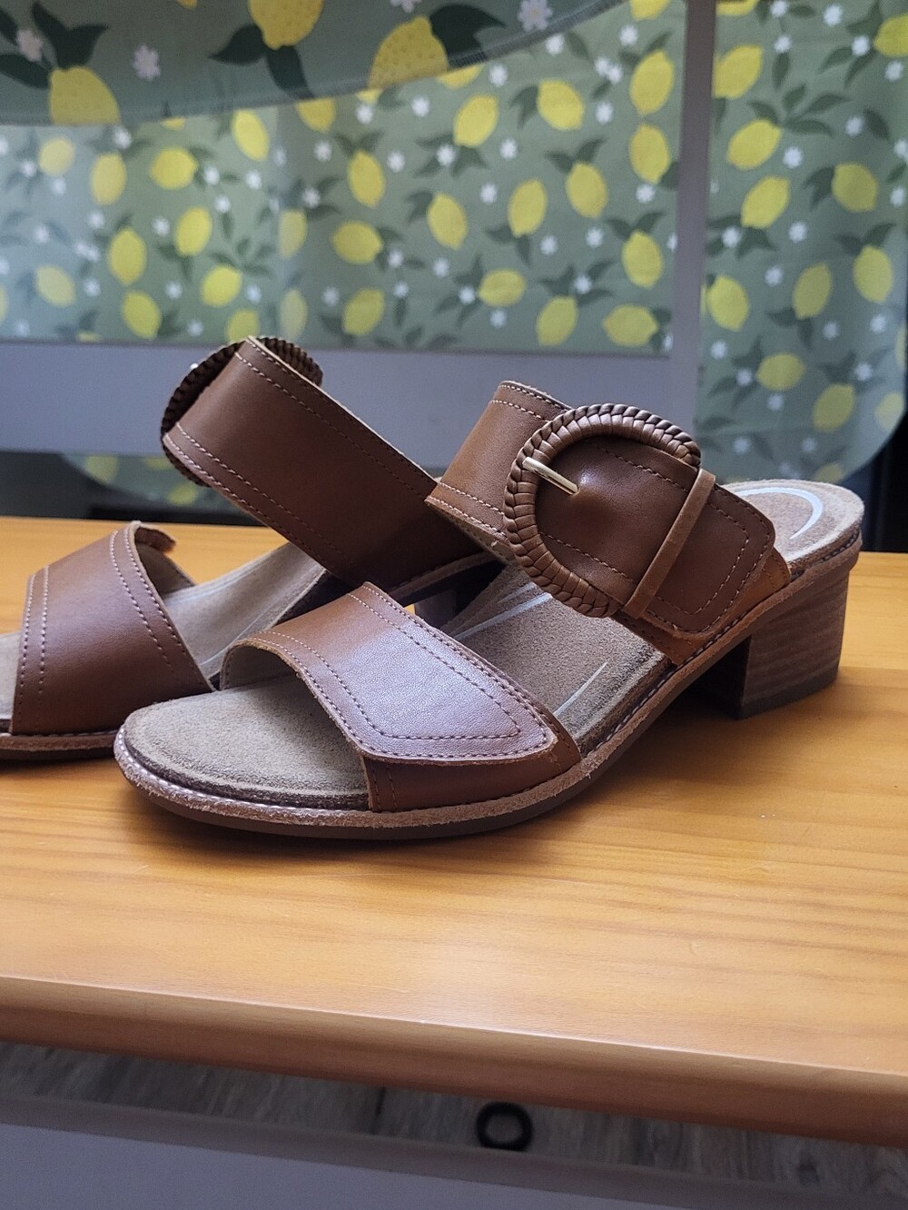 Aetrex Leather Brown Braided Buckle Low Block Heel Slide Sandals